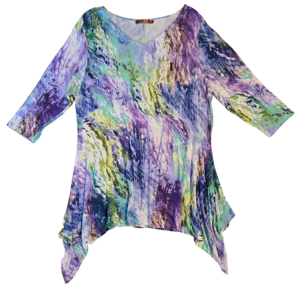 Belldini Womens Boho Fairy 1X Purple Abstract Rhinestone V-Neck Sharkbite Tunic